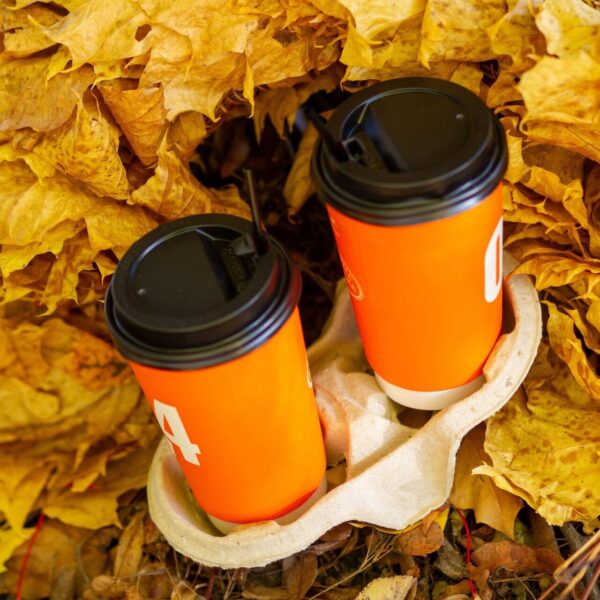 Bright orange coffee cups nestled in a bed of vibrant fall leaves, creating a cozy autumn scene.